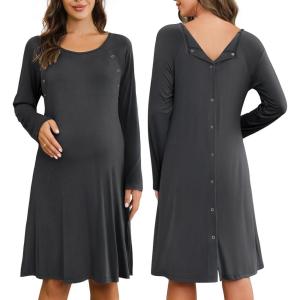 image:imageEkouaer Women Maternity Nightgown Labor Delivery Nursing Gown Hospital Breastfeeding Dress Button Down Long Sleeve SleepwearGray