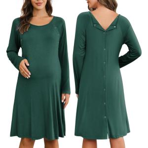image:imageEkouaer Women Maternity Nightgown Labor Delivery Nursing Gown Hospital Breastfeeding Dress Button Down Long Sleeve SleepwearLake Green
