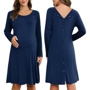 image:imageEkouaer Women Maternity Nightgown Labor Delivery Nursing Gown Hospital Breastfeeding Dress Button Down Long Sleeve SleepwearNavy