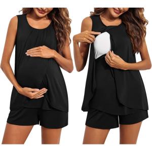image:imageEkouaer Women Maternity Nursing Pajama Set Breastfeeding Sleepwear Double Layer Sleeveless Top amp Shorts Pregnancy PJSA01black