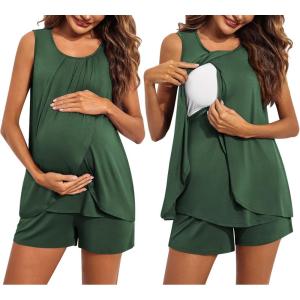 image:imageEkouaer Women Maternity Nursing Pajama Set Breastfeeding Sleepwear Double Layer Sleeveless Top amp Shorts Pregnancy PJSA02green
