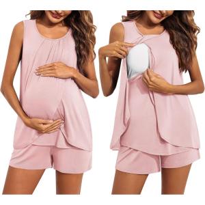 image:imageEkouaer Women Maternity Nursing Pajama Set Breastfeeding Sleepwear Double Layer Sleeveless Top amp Shorts Pregnancy PJSA04pink