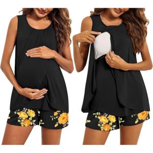 image:imageEkouaer Women Maternity Nursing Pajama Set Breastfeeding Sleepwear Double Layer Sleeveless Top amp Shorts Pregnancy PJSBlack Floral