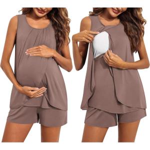 image:imageEkouaer Women Maternity Nursing Pajama Set Breastfeeding Sleepwear Double Layer Sleeveless Top amp Shorts Pregnancy PJSBrown