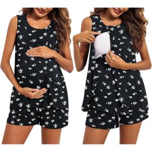 image:imageEkouaer Women Maternity Nursing Pajama Set Breastfeeding Sleepwear Double Layer Sleeveless Top amp Shorts Pregnancy PJSFloral Black
