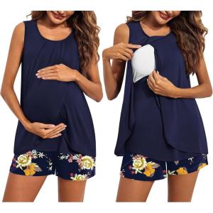 image:imageEkouaer Women Maternity Nursing Pajama Set Breastfeeding Sleepwear Double Layer Sleeveless Top amp Shorts Pregnancy PJSFloral Navy Blue