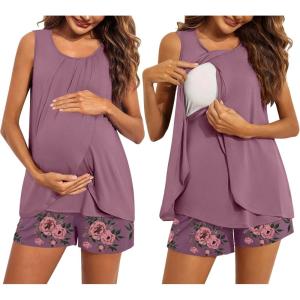 image:imageEkouaer Women Maternity Nursing Pajama Set Breastfeeding Sleepwear Double Layer Sleeveless Top amp Shorts Pregnancy PJSFloral Purplishred