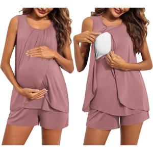 image:imageEkouaer Women Maternity Nursing Pajama Set Breastfeeding Sleepwear Double Layer Sleeveless Top amp Shorts Pregnancy PJSGray Purple Red