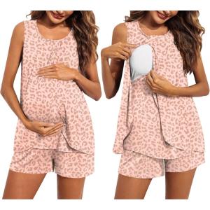 image:imageEkouaer Women Maternity Nursing Pajama Set Breastfeeding Sleepwear Double Layer Sleeveless Top amp Shorts Pregnancy PJSLeopard Pink