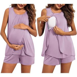 image:imageEkouaer Women Maternity Nursing Pajama Set Breastfeeding Sleepwear Double Layer Sleeveless Top amp Shorts Pregnancy PJSLight Purple