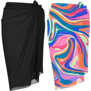 image:imageEkouaer Women Sarong Swimsuit Coverups Chiffon Long Bikini Wraps Sheer Beach Bathing Suit Cover UpBlack Pink Art Stripe