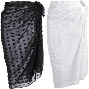 image:imageEkouaer Women Sarong Swimsuit Coverups Chiffon Long Bikini Wraps Sheer Beach Bathing Suit Cover UpSwiss Dotblack and White