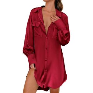 image:imageEkouaer Women Satin Sleep Shirt Long Sleeve Nightgown Button Down Nightshirt Silk Sleepwear Soft Pajama Dress Sleep DressWine Red
