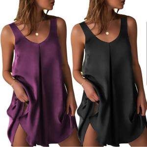 image:imageEkouaer Womens 2 Pack Satin Silk Nightgown Sleeveless Sleep Dress V Neck Nightshirt Soft Tank Pleated NightdressPurpleBlack