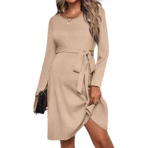 image:imageEkouaer Womens Maternity Dress Rib Knit Long Sleeve Pregnancy Dresses Crewneck Pregnant Clothes with BeltKhaki