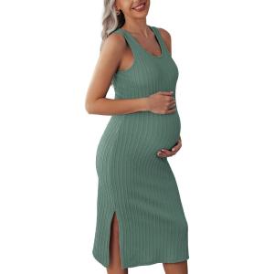 image:imageEkouaer Womens Maternity Dress Rib Knit Sleeveless Tank Side Slit Bodycon Dresses Pregnancy Clothes SXXLA Mint Green