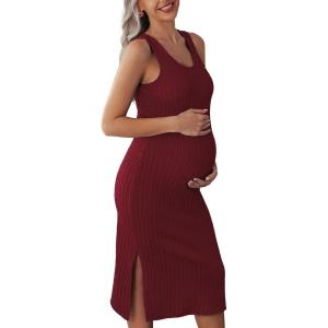image:imageEkouaer Womens Maternity Dress Rib Knit Sleeveless Tank Side Slit Bodycon Dresses Pregnancy Clothes SXXLBurgundy