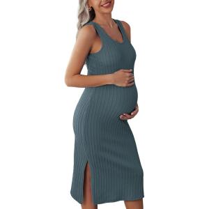 image:imageEkouaer Womens Maternity Dress Rib Knit Sleeveless Tank Side Slit Bodycon Dresses Pregnancy Clothes SXXLDark Blue