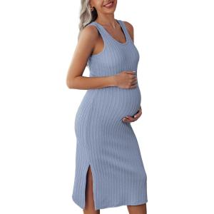 image:imageEkouaer Womens Maternity Dress Rib Knit Sleeveless Tank Side Slit Bodycon Dresses Pregnancy Clothes SXXLLight Blue