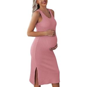 image:imageEkouaer Womens Maternity Dress Rib Knit Sleeveless Tank Side Slit Bodycon Dresses Pregnancy Clothes SXXLMisty Rose
