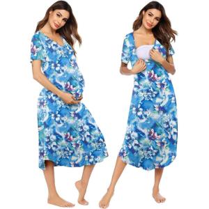 image:imageEkouaer Womens Maternity Nightgown for Hospital Pregnancy Long Nightgowns Nursing Night Gown for BreastfeedingBlue Jasmine Flower