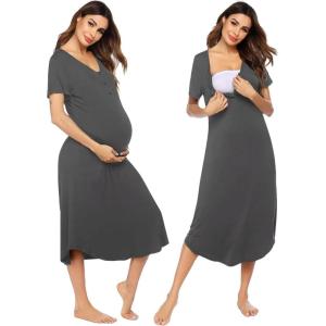 image:imageEkouaer Womens Maternity Nightgown for Hospital Pregnancy Long Nightgowns Nursing Night Gown for BreastfeedingDark Grey