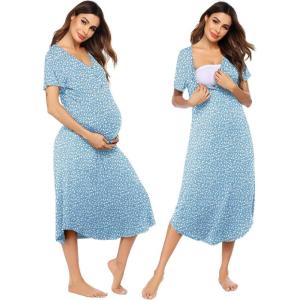 image:imageEkouaer Womens Maternity Nightgown for Hospital Pregnancy Long Nightgowns Nursing Night Gown for BreastfeedingLight Blue White Floral