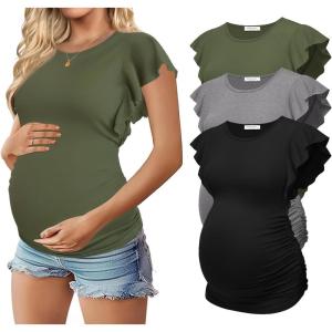 image:imageEkouaer Womens Maternity Shirts 3 Packs Flying Short Sleeve Pregnancy Tops Side Ruched Tunic Blouse Mama Clothes SXXLArmy Green  Grey  Black3pcs