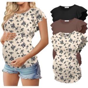 image:imageEkouaer Womens Maternity Shirts 3 Packs Flying Short Sleeve Pregnancy Tops Side Ruched Tunic Blouse Mama Clothes SXXLBlack  Brown  Floral Beige3pcs