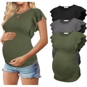 image:imageEkouaer Womens Maternity Shirts 3 Packs Flying Short Sleeve Pregnancy Tops Side Ruched Tunic Blouse Mama Clothes SXXLBlack  Dark Grey  Army Green3pcs