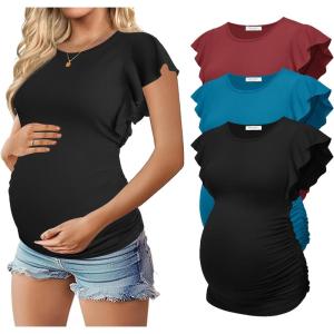 image:imageEkouaer Womens Maternity Shirts 3 Packs Flying Short Sleeve Pregnancy Tops Side Ruched Tunic Blouse Mama Clothes SXXLBlack  Lake Blue  Wine Red3pcs