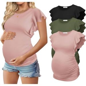 image:imageEkouaer Womens Maternity Shirts 3 Packs Flying Short Sleeve Pregnancy Tops Side Ruched Tunic Blouse Mama Clothes SXXLBlack  Pink  Army Green3pcs