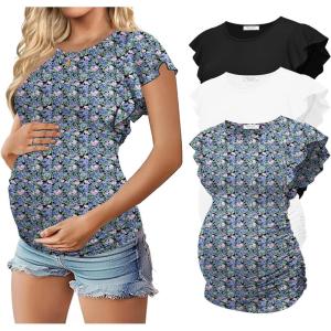 image:imageEkouaer Womens Maternity Shirts 3 Packs Flying Short Sleeve Pregnancy Tops Side Ruched Tunic Blouse Mama Clothes SXXLBlack  White  Blue Floral3pcs