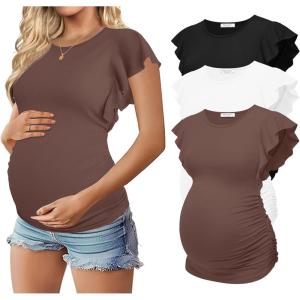 image:imageEkouaer Womens Maternity Shirts 3 Packs Flying Short Sleeve Pregnancy Tops Side Ruched Tunic Blouse Mama Clothes SXXLBlack  White  Brown3pcs