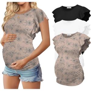 image:imageEkouaer Womens Maternity Shirts 3 Packs Flying Short Sleeve Pregnancy Tops Side Ruched Tunic Blouse Mama Clothes SXXLBlack  White  Printlight Khaki3pcs