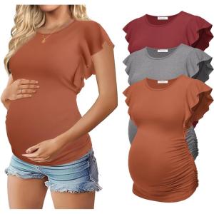 image:imageEkouaer Womens Maternity Shirts 3 Packs Flying Short Sleeve Pregnancy Tops Side Ruched Tunic Blouse Mama Clothes SXXLCaramel  Grey  Wine Red3pcs