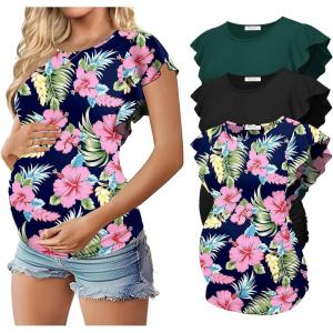 image:imageEkouaer Womens Maternity Shirts 3 Packs Flying Short Sleeve Pregnancy Tops Side Ruched Tunic Blouse Mama Clothes SXXLLake Green  Black  Floral Navy Blue3pcs