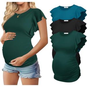 image:imageEkouaer Womens Maternity Shirts 3 Packs Flying Short Sleeve Pregnancy Tops Side Ruched Tunic Blouse Mama Clothes SXXLLake Green  Black  Lake Blue3pcs