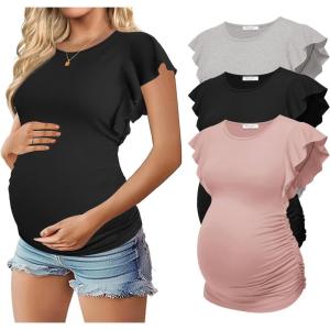image:imageEkouaer Womens Maternity Shirts 3 Packs Flying Short Sleeve Pregnancy Tops Side Ruched Tunic Blouse Mama Clothes SXXLLight Grey  Black  Pink3pcs