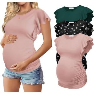 image:imageEkouaer Womens Maternity Shirts 3 Packs Flying Short Sleeve Pregnancy Tops Side Ruched Tunic Blouse Mama Clothes SXXLPink  Floral Black  Lake Green3pcs