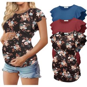 image:imageEkouaer Womens Maternity Shirts 3 Packs Flying Short Sleeve Pregnancy Tops Side Ruched Tunic Blouse Mama Clothes SXXLWine Red  Floral Black  Dark Blue3pcs