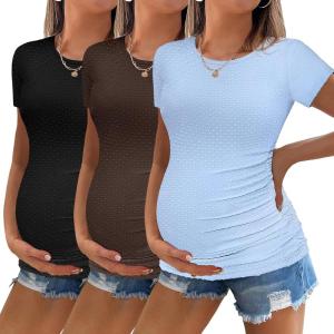 image:imageEkouaer Womens Maternity Shirts 3 Packs Round Neck Short Sleeve Side Ruched Swiss Dot T Shirt Tops SXXLBlackCoffeeLight Blue