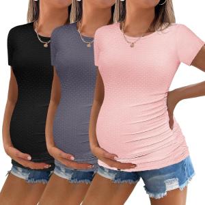 image:imageEkouaer Womens Maternity Shirts 3 Packs Round Neck Short Sleeve Side Ruched Swiss Dot T Shirt Tops SXXLBlackDark GreyDirty Pink