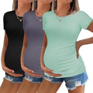 image:imageEkouaer Womens Maternity Shirts 3 Packs Round Neck Short Sleeve Side Ruched Swiss Dot T Shirt Tops SXXLBlackDark GreyIce Green