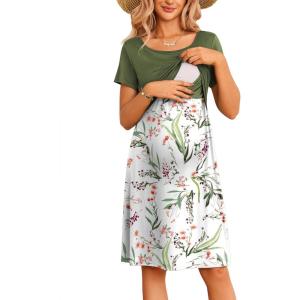image:imageEkouaer Womens Nursing Dress Summer Short Sleeve Patchwork Maternity Breastfeeding Knee Length DressWhitegreen Leaf