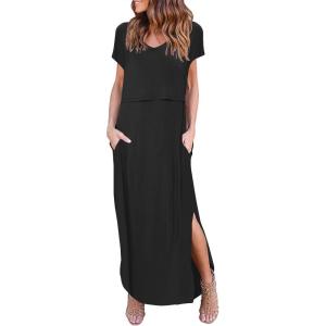 image:imageEkouaer Womens Nursing Dress Summer V Neck Short Sleeve Maternity Split Long Dresses for Breastfeeding with Pockets SXXLBlack