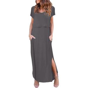 image:imageEkouaer Womens Nursing Dress Summer V Neck Short Sleeve Maternity Split Long Dresses for Breastfeeding with Pockets SXXLDark Grey