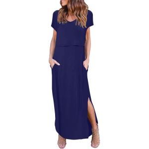 image:imageEkouaer Womens Nursing Dress Summer V Neck Short Sleeve Maternity Split Long Dresses for Breastfeeding with Pockets SXXLNavy Blue