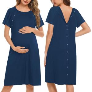 image:imageEkouaer Womens NursingDeliveryLaborHospital Nightdress Short Sleeve Maternity Nightgown with Button SXXL1 Navy Blue