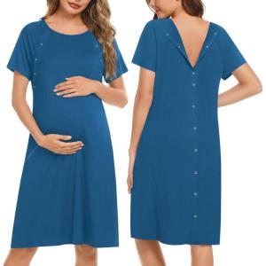 image:imageEkouaer Womens NursingDeliveryLaborHospital Nightdress Short Sleeve Maternity Nightgown with Button SXXLBlue